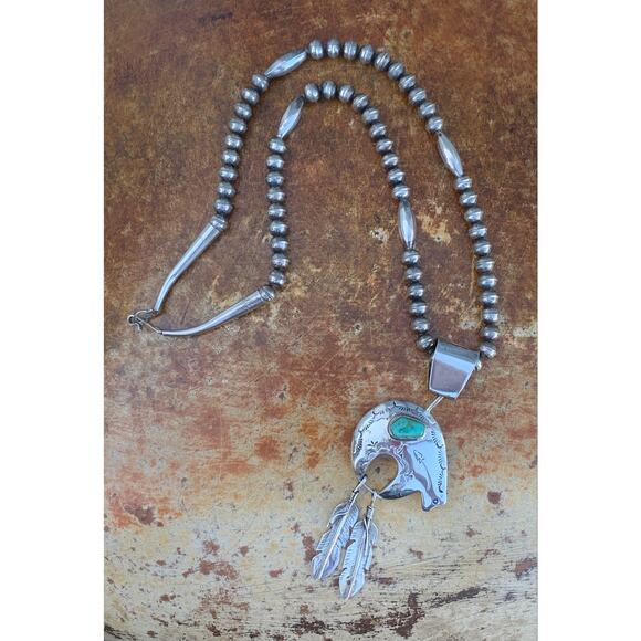 Navajo SS Beaded Necklace with Bear and Feather Pendant by JC Delgarito - Picture 8 of 11